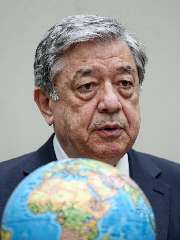 Close-up portrait of a global leader speaking during a bilateral summit, high-key natural lighting, professional depth of field, neutral gray background.
