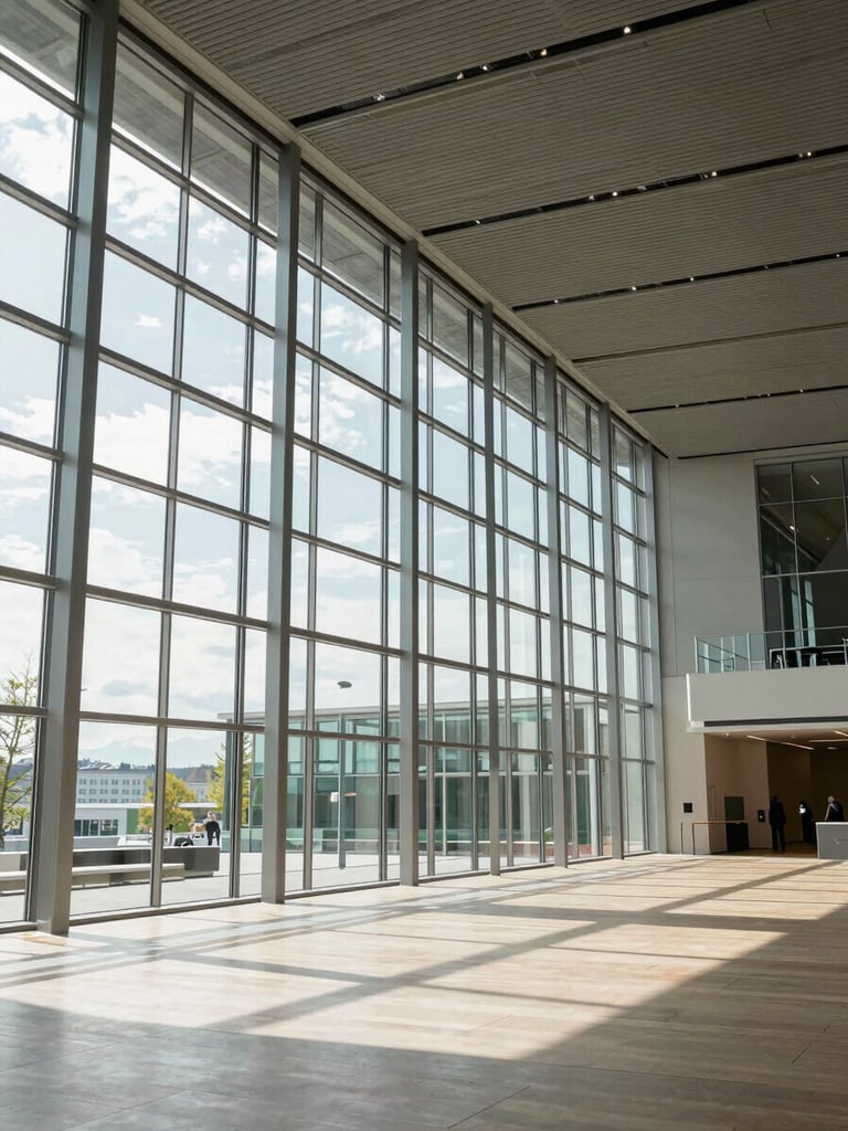 Wide environmental shot of a modern architectural summit hall in Geneva, bright natural daylight streaming through high glass windows, professional setup