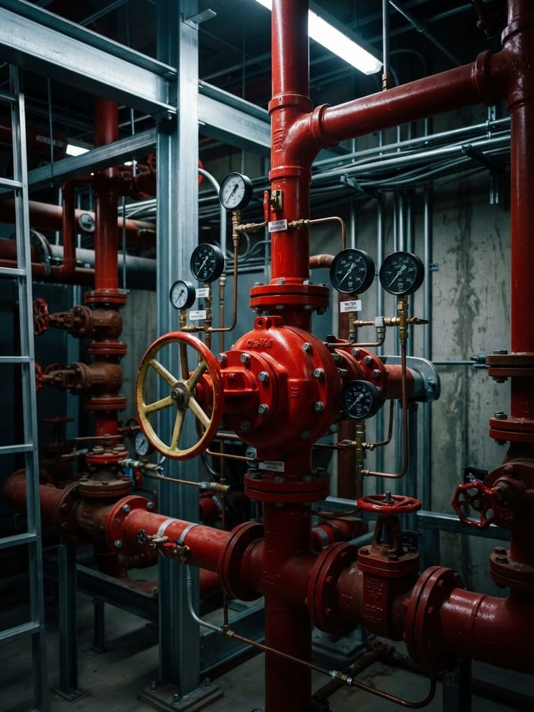 Industrial fire protection valve setup with red pipes and pressure gauges, high contrast technical lighting, cool steel tones, 35mm