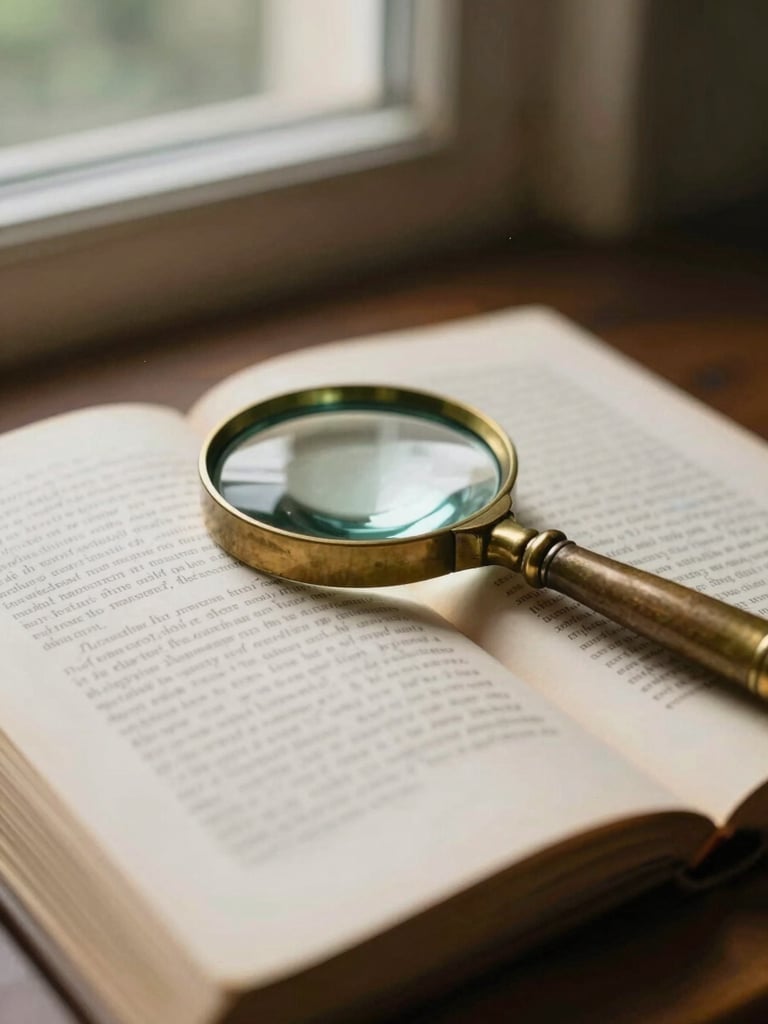 A vintage brass magnifying glass lying across an open book with beautiful typography, soft directional light, warm archival feel.