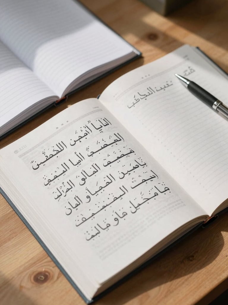 Close-up overhead composition of an open Arabic textbook beside a ruled notebook and a pen on a clean wooden desk, natural midday light casting soft shadows across the organized study materials, no hands visible