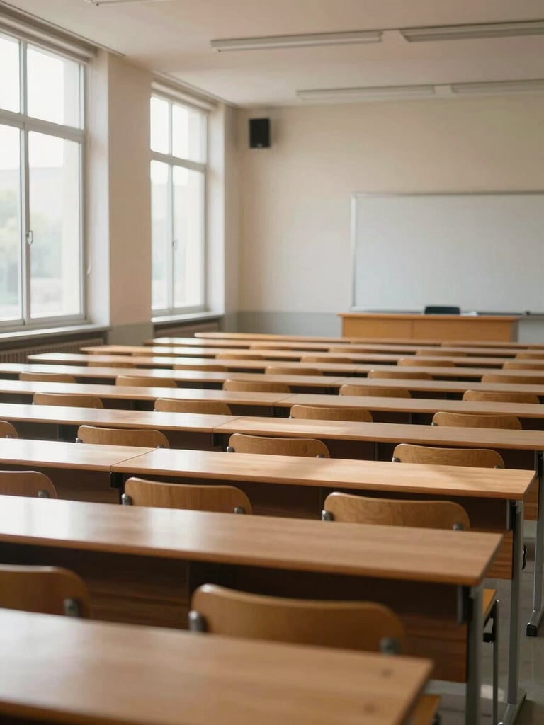 Wide interior view of a clean organized lecture hall, rows of wooden desks aligned in precise order under natural midday light streaming from tall windows on the left side, empty chairs facing a whiteboard at the far end, no people — calm academic stillness