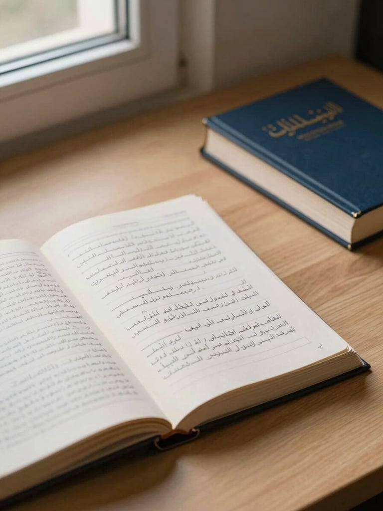 Close-up overhead composition of an open Arabic reference book beside handwritten study notes on a clean wooden desk, natural window light falling from the upper left, a second closed textbook stacked precisely to the right, no hands in frame — calm and organized