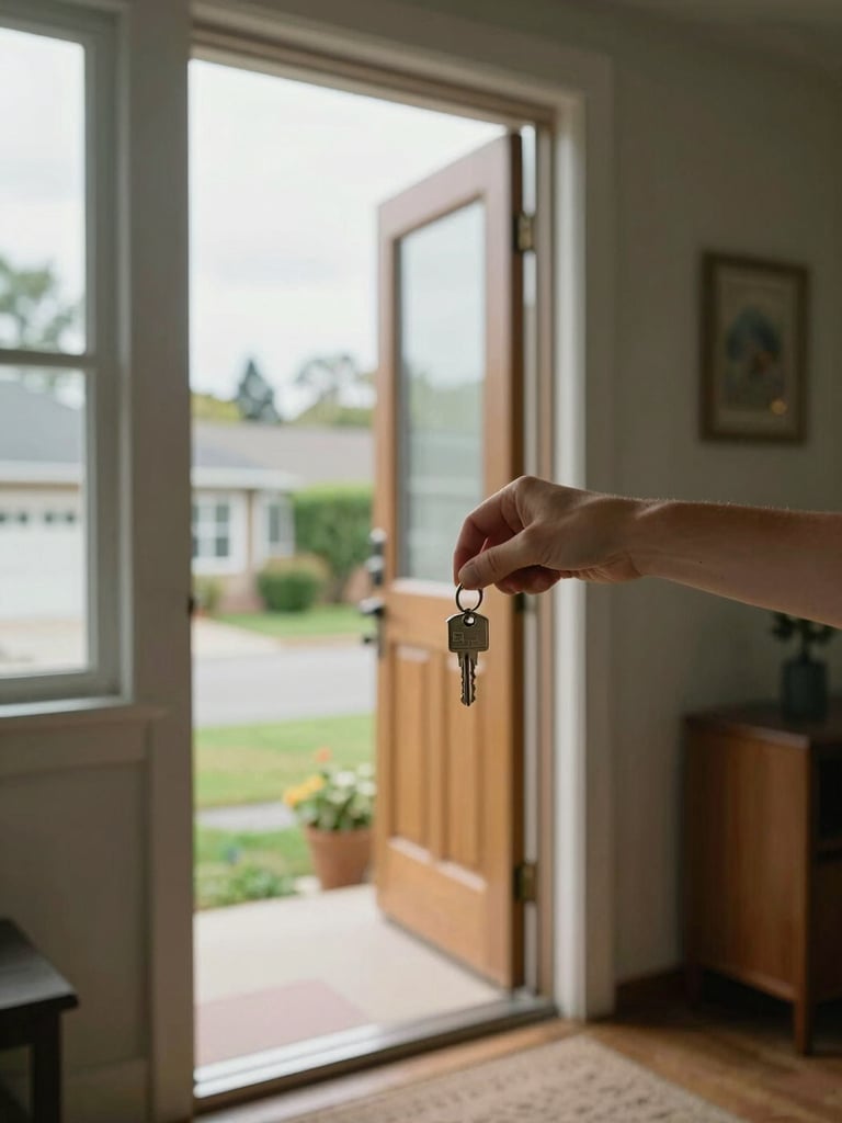 Wide environmental shot, natural daylight from a side window, a hand holding a house key at a wooden front door threshold, modest residential exterior visible through the open doorway, soft overcast light, documentary framing, eye-level perspective