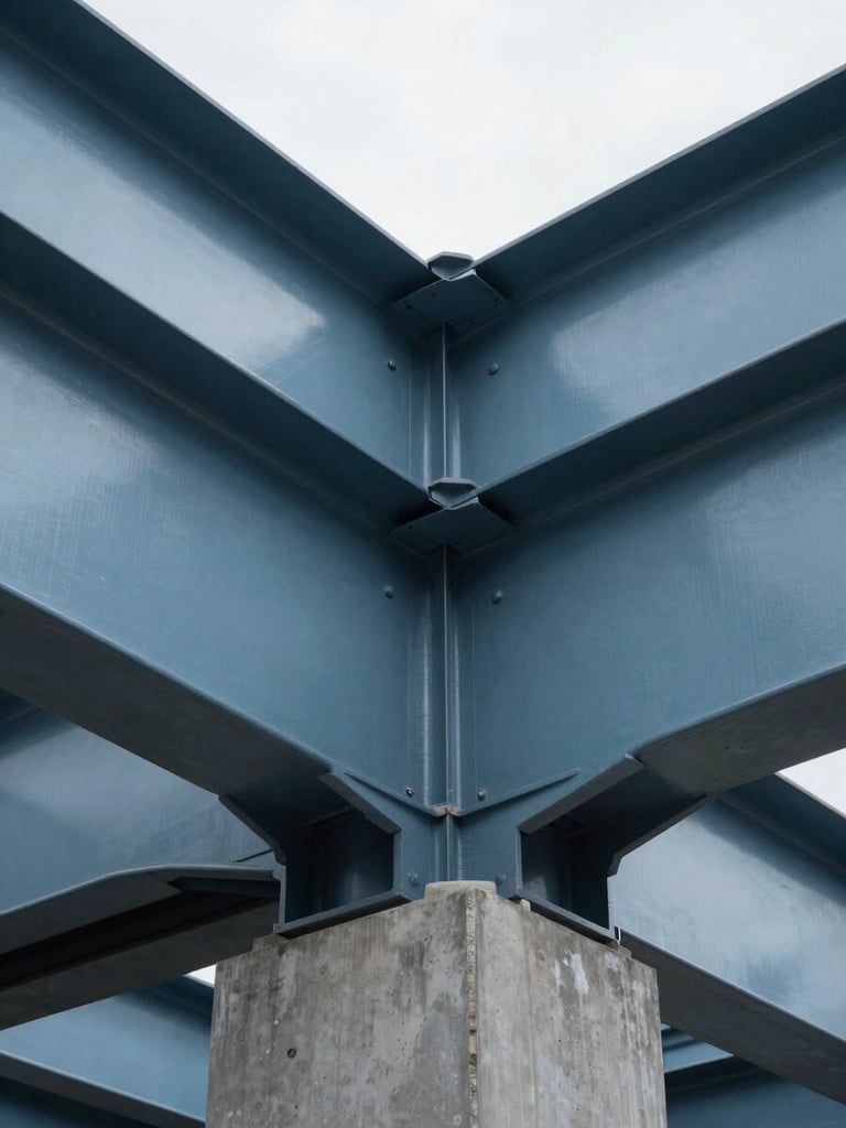 Close-up architectural crop of structural steel beams meeting a concrete foundation, natural high-contrast daylight, cool steel blue and charcoal tones.