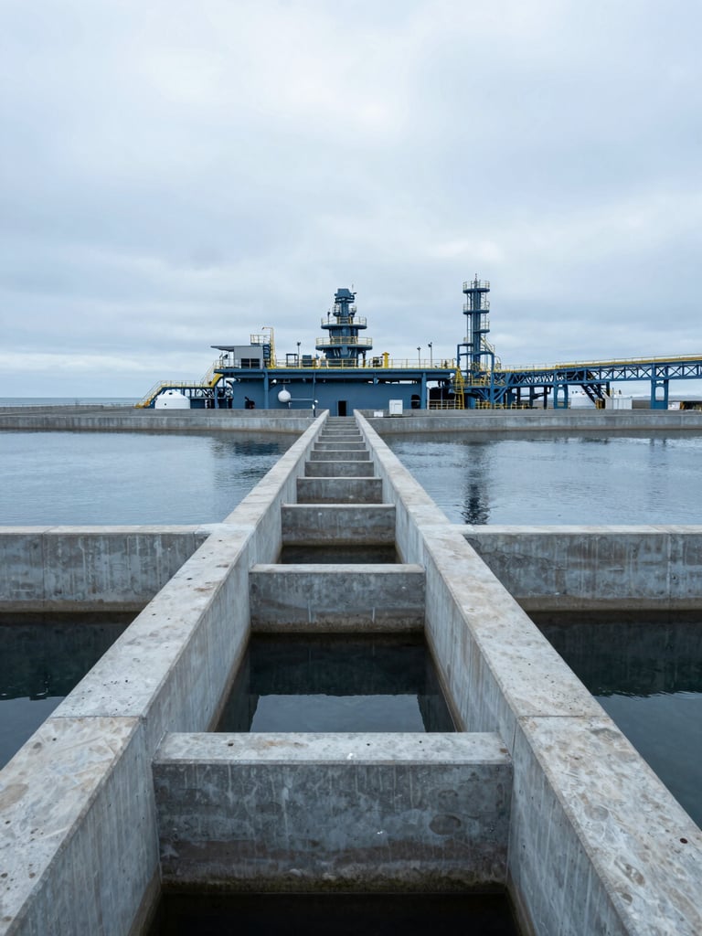 Wide environmental shot of heavy water infrastructure and concrete channels under a cool, overcast sky. Desaturated steel blue tones, sharp architectural focus, high-end editorial photography showing scale.