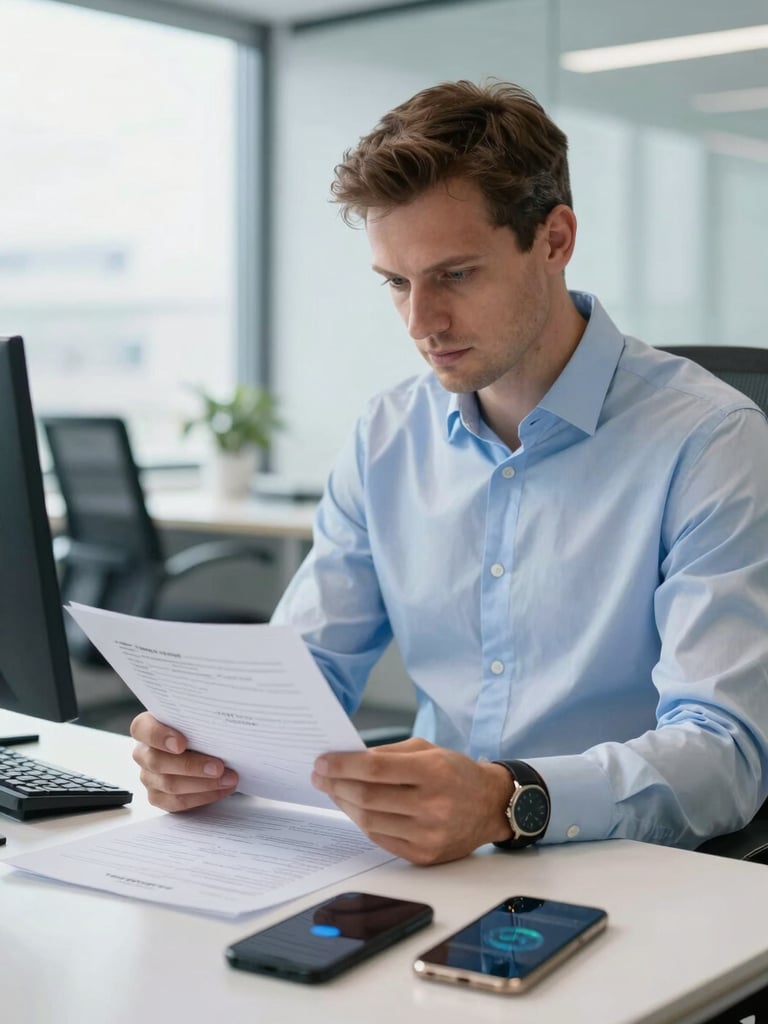 Professional portrait of a European corporate executive in a crisp blue shirt reviewing logistics documents in a modern, bright office, cool daylight, sharp focus