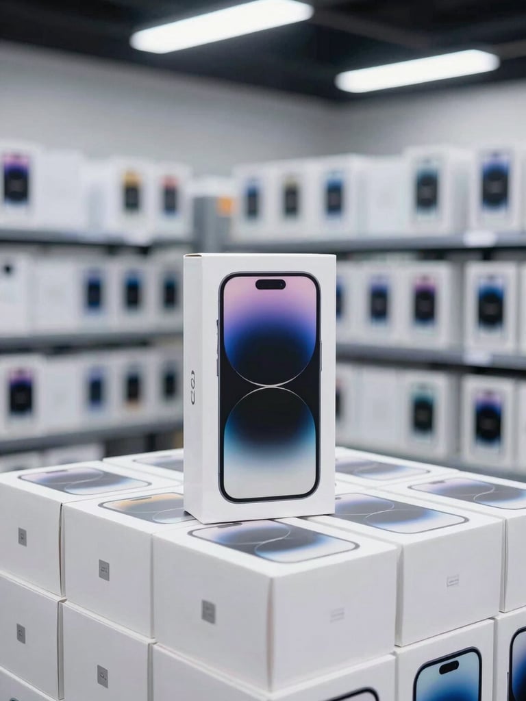 Crisp commercial photography of sealed premium smartphone retail boxes stacked in a secure, modern logistics facility, cool studio lighting, sharp focus, 50mm lens
