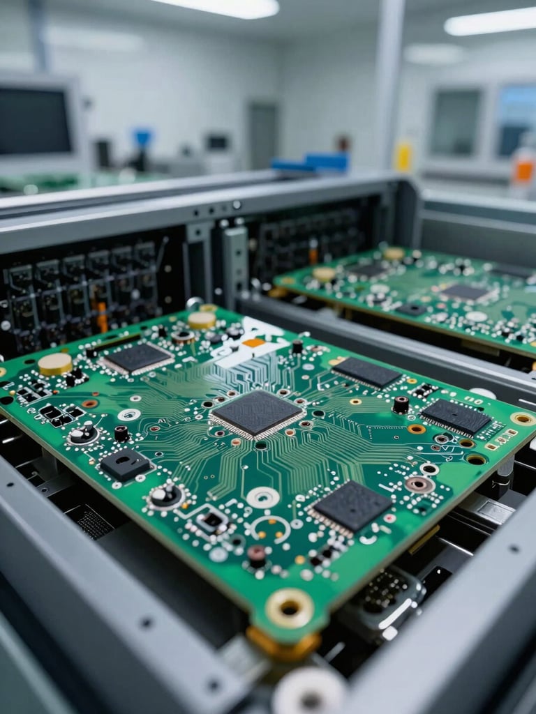 A close-up shot of decommissioned server circuit boards being processed in a clean, modern industrial facility, cool clinical lighting, steel-gray tones with precise emerald green accents.