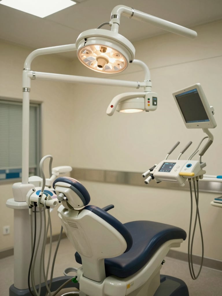 Pristine dental studio with soft, warm, diffused lighting, sterilized modern equipment visible, high-end medical authority, no people, wide angle.