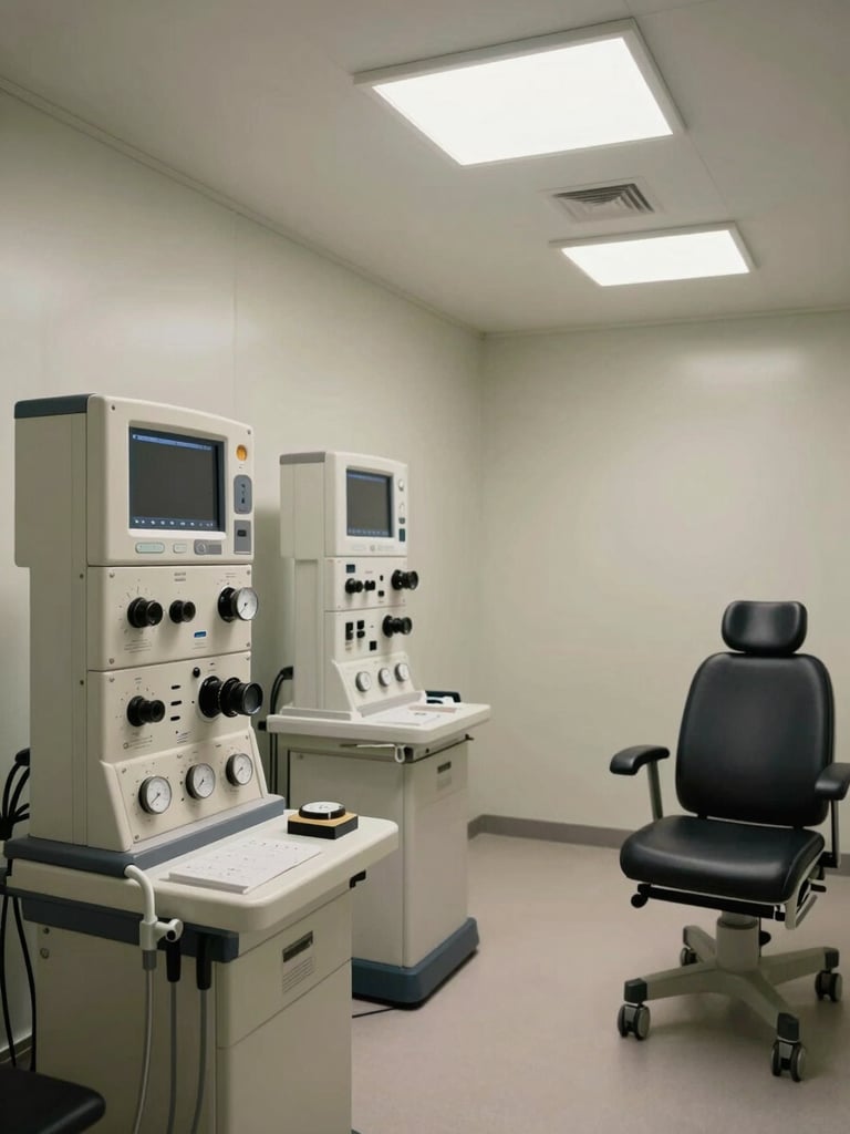 Wide-angle view of an audiometric testing booth interior under clinical fluorescent light, diagnostic equipment panels and calibration dials in sharp focus at left, empty examination chair visible at right third, sterile and functional environment, no people