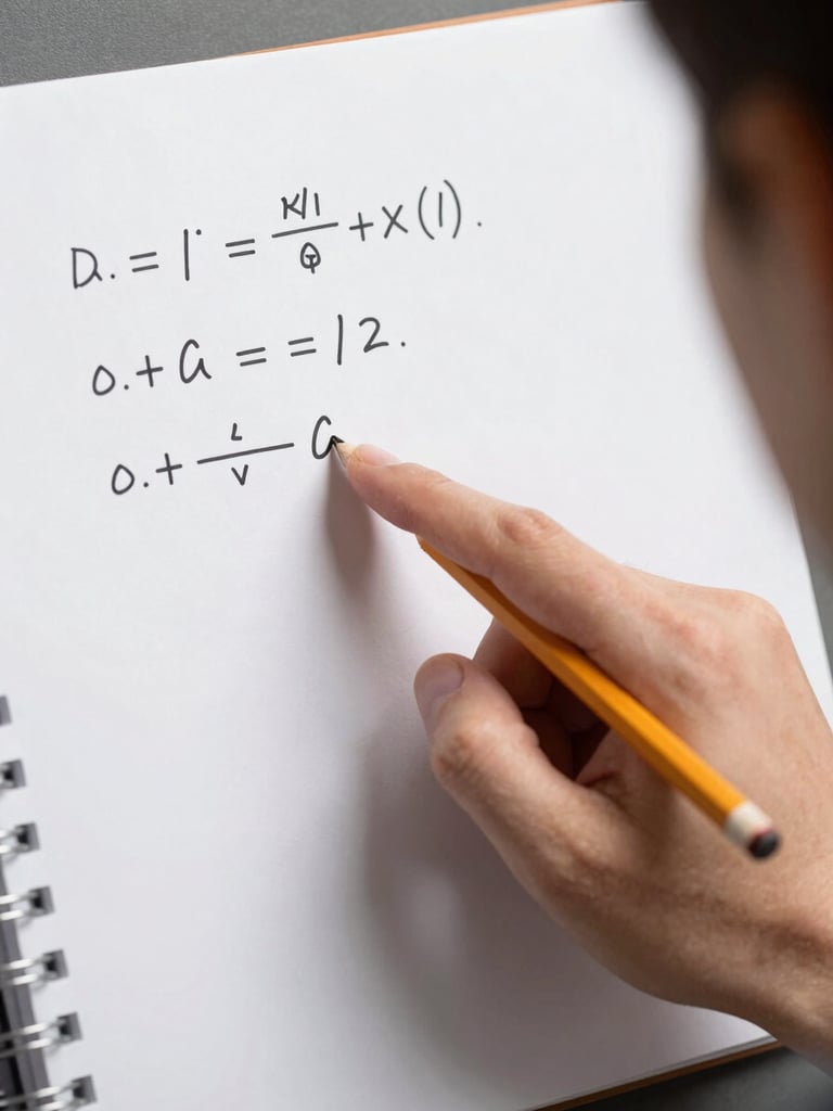 Close-up of an instructor's hand pointing at key math steps written on white paper under neutral studio light, pencil tip in sharp focus, notebook edge visible at frame left