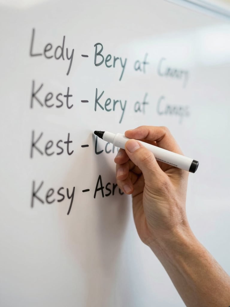Close-up of instructor's hands writing key concept steps on a whiteboard with a marker, bright neutral daylight, crisp focus on the handwriting, no people visible beyond the hand and forearm