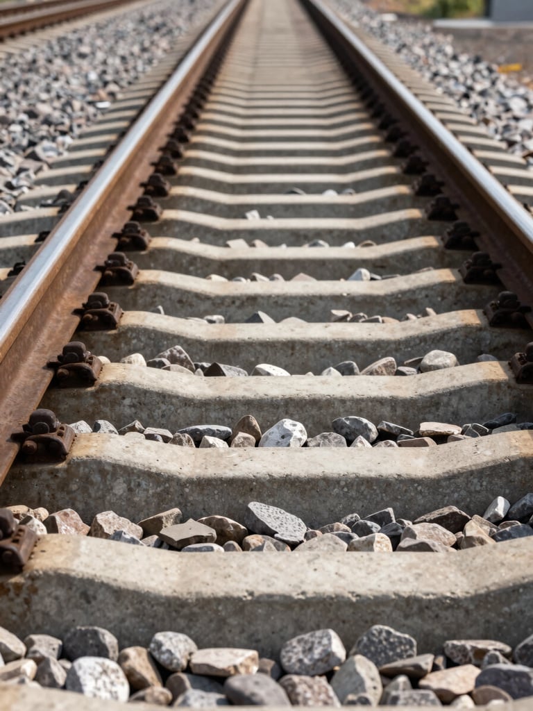 Low-angle heroic shot of newly laid heavy steel rail tracks stretching into the horizon, raw texture of concrete ties and ballast stone under harsh midday sun.