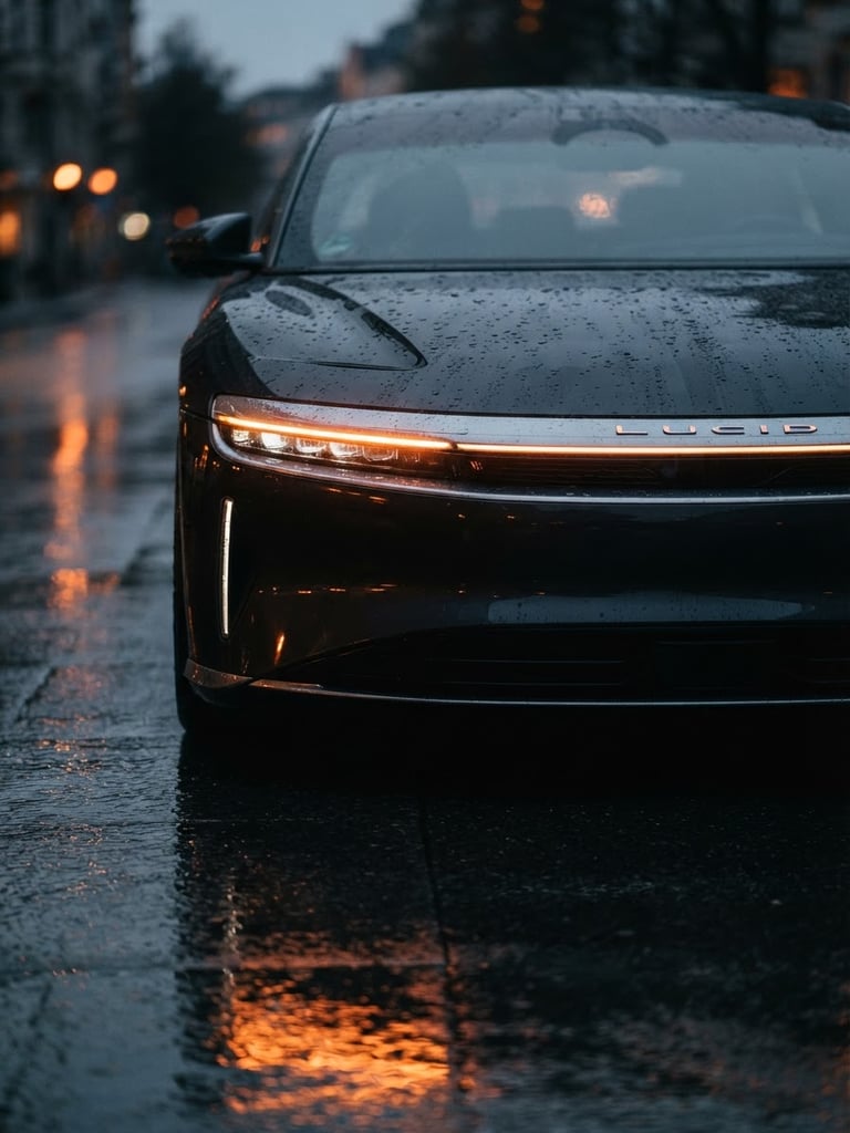 Cinematic close-up of a premium electric sedan's sleek front grille and glowing modern headlights at dusk, wet pavement reflections, 35mm
