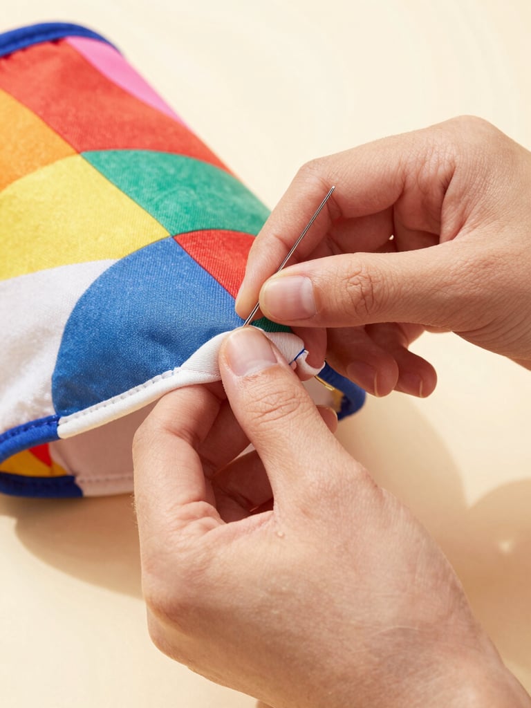 Close-up of artisan hands carefully stitching a colorful fabric pet garment, warm soft studio lighting, focus on the needle and thread, 35mm