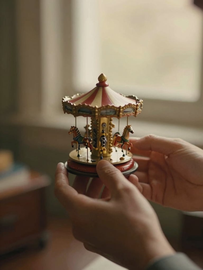 Close-up of a collector's hands carefully holding a vintage wind-up tin carousel, warm low-key lighting, soft shadows, 35mm film.