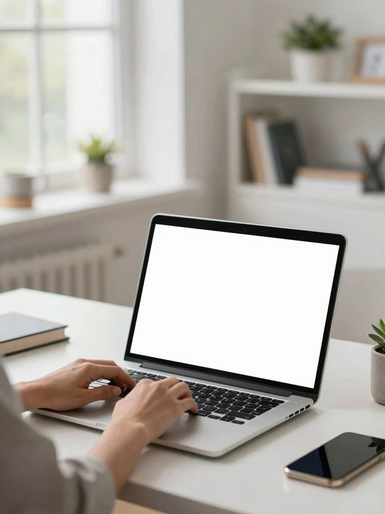 Clean corporate photography of a professional remote worker in a bright natural daylight home office focused on a modern laptop screen