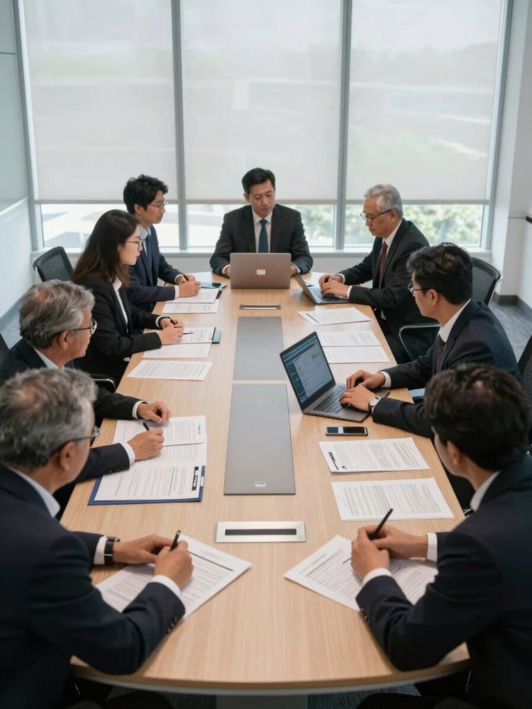 Wide environmental shot of a corporate boardroom in active session, natural daylight through floor-to-ceiling windows, executives leaning over a long table covered with printed documents and a laptop showing a data dashboard, overhead angle revealing the full table and chairs, documentary framing with no posed expressions, deep navy and neutral tones