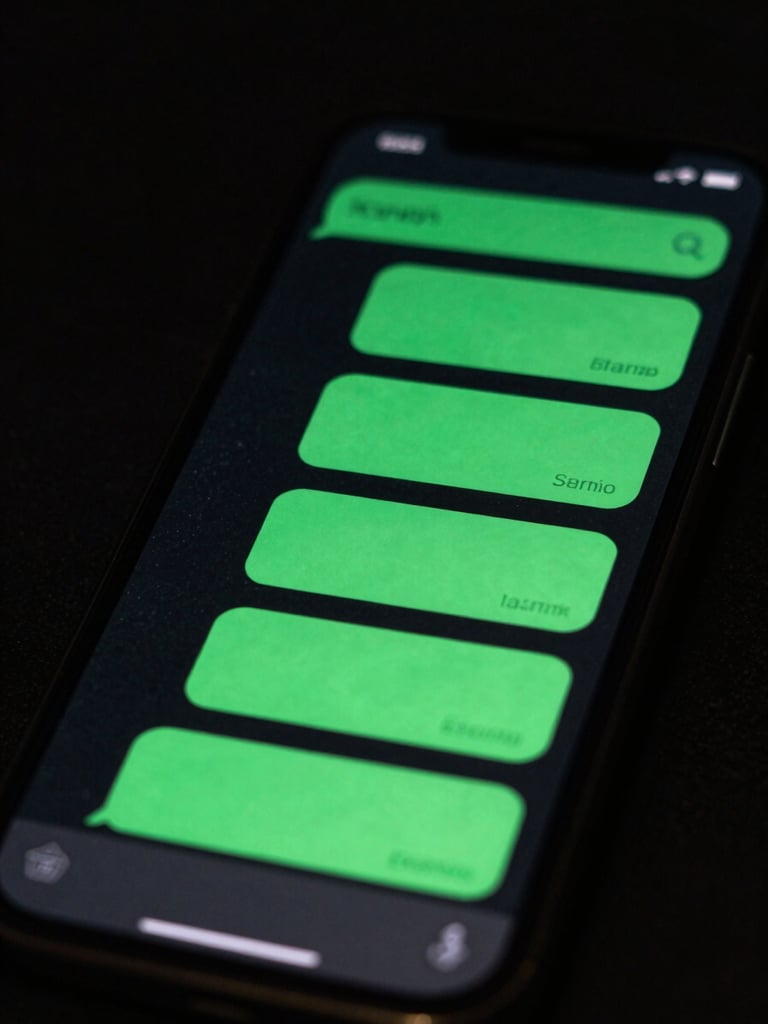 A close-up macro shot of a smartphone screen displaying an instant SMS conversation with green text bubbles, emerald backlighting reflecting on the glass, dark charcoal background, 35mm lens