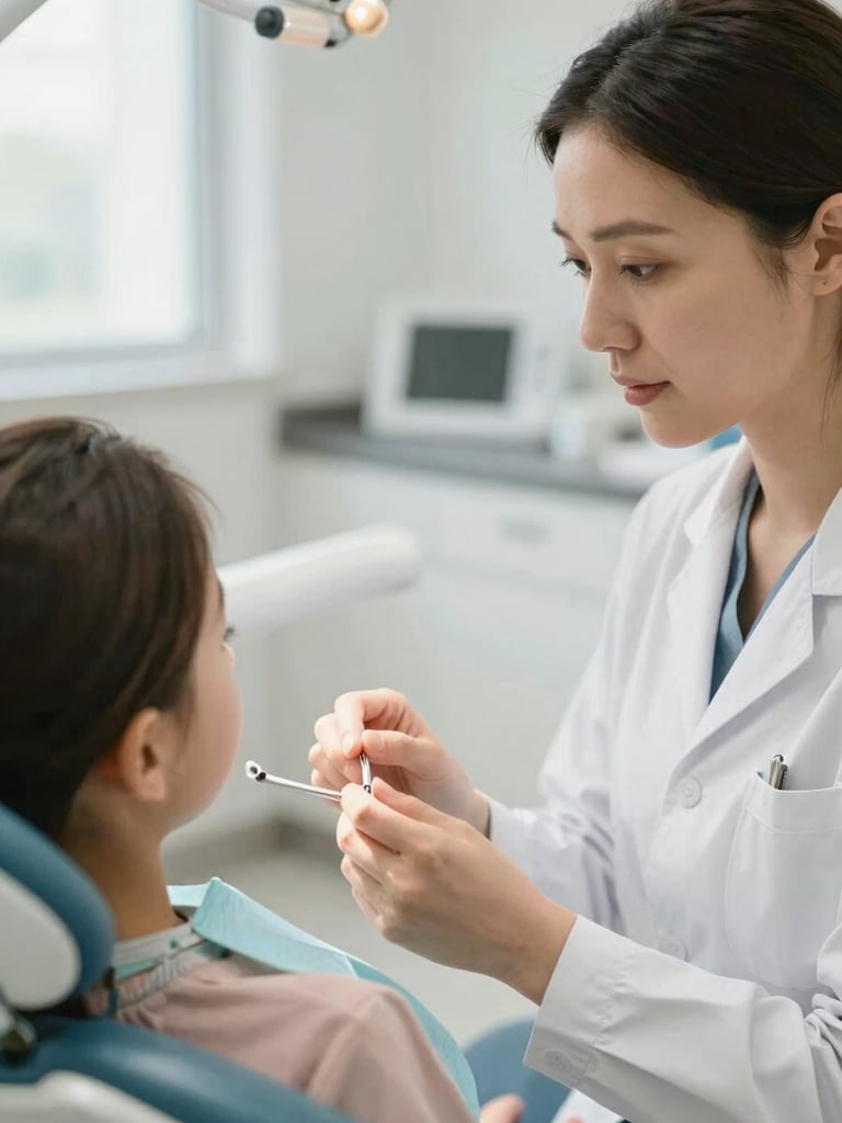 Gentle interaction between a female dentist and a patient (adult or child) in a modern, clean dental office, soft natural daylight, warm tones, focus on their hands or faces, shallow depth of field, 35mm