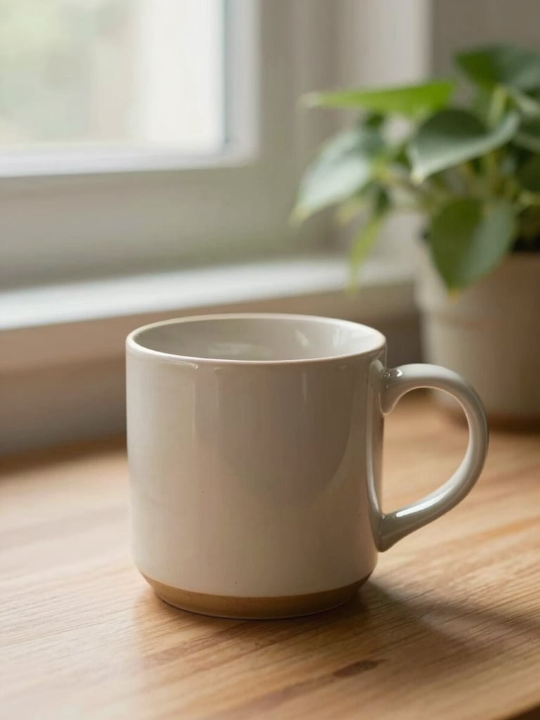 Close-up of warm ceramic mug on a wooden desk next to a green plant, soft natural light filtering through a window, calming beige tones