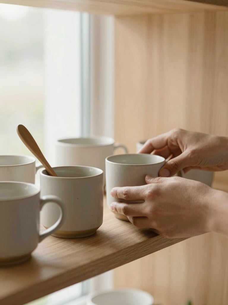 Close-up of a designer's hands arranging ceramic mugs and wooden utensils on a clean oak shelf, soft natural daylight, warm minimalist composition, 35mm lens