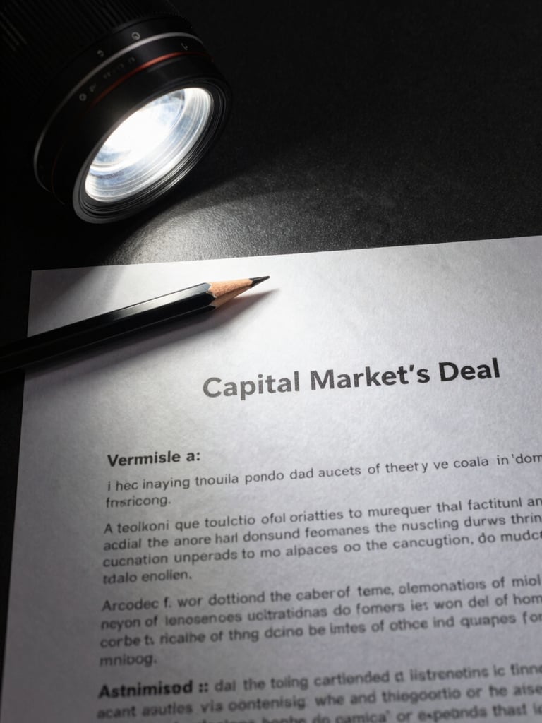 Extreme close-up overhead flat-lay of a capital markets deal artifact — an unsigned term sheet on a matte black surface, a mechanical pencil resting across the top corner, single halogen spotlight casting hard shadows, no people