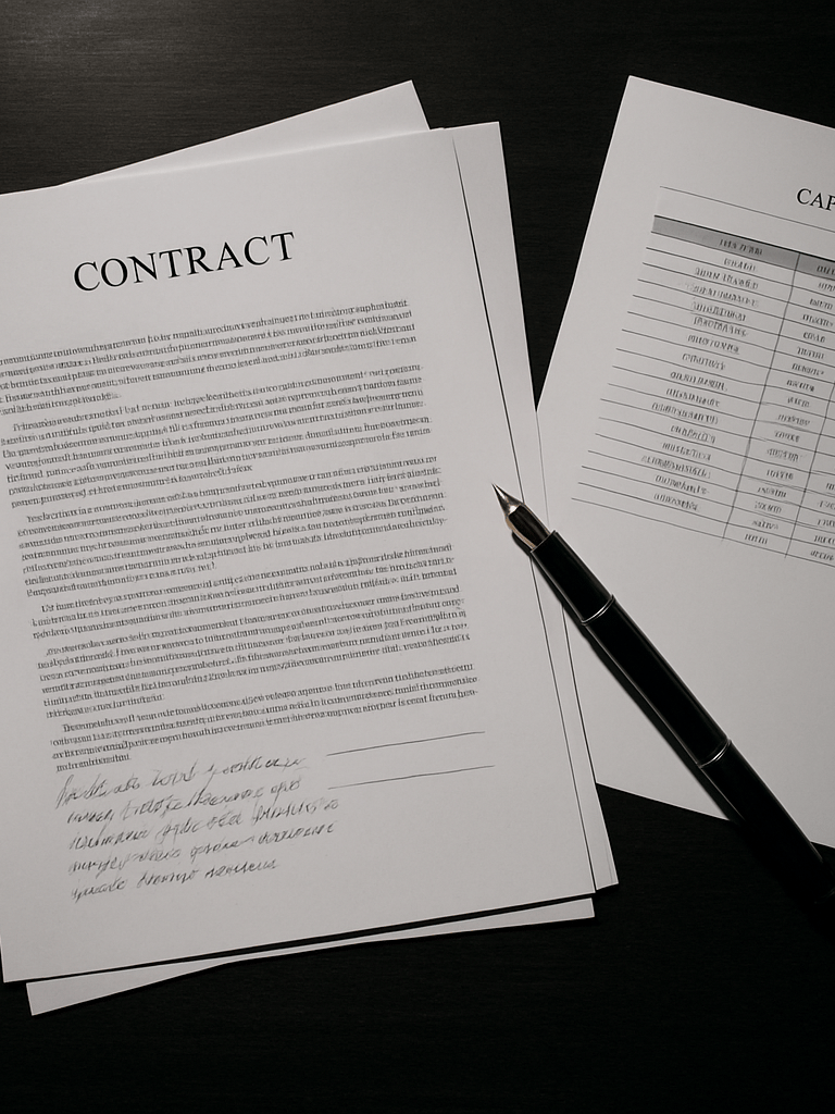 Overhead flat-lay of deal artifacts on a dark conference table — unsigned contract pages, a cap table printout, a fountain pen resting beside handwritten margin notes, studio strobe lighting casting hard-edged shadows, no people