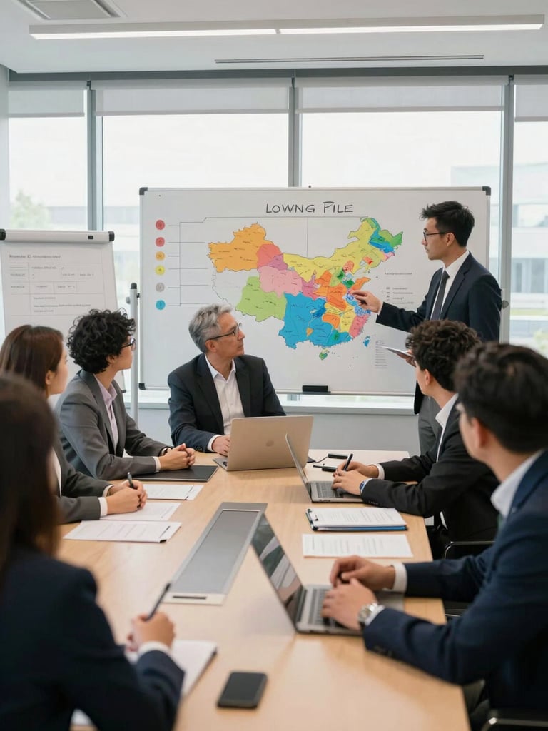 Wide environmental shot of a sales team in a modern meeting room, whiteboards showing pipeline stages and territory maps, team members mid-discussion around a conference table, daylight from large windows, candid and active