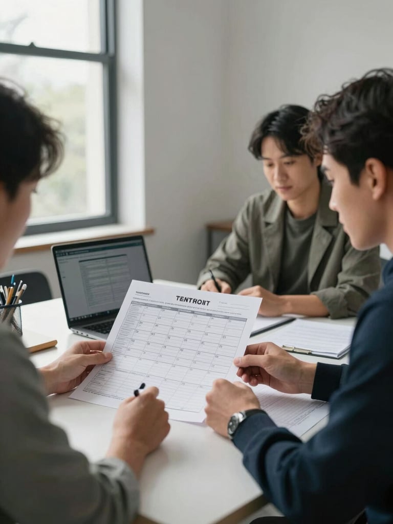 Wide environmental shot of two people seated at a meeting table reviewing a printed tax planning calendar, papers and a laptop open between them, daylight from large windows to the left, no posed smiles