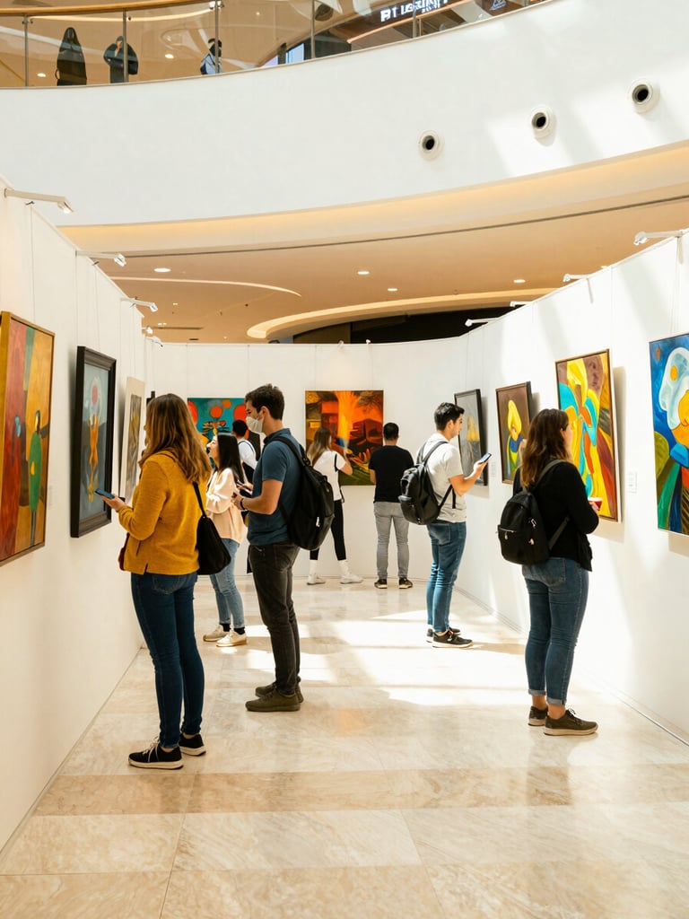 A vibrant medium shot of a local art exhibition inside a bright mall lobby, visitors engaging with paintings, warm natural light.