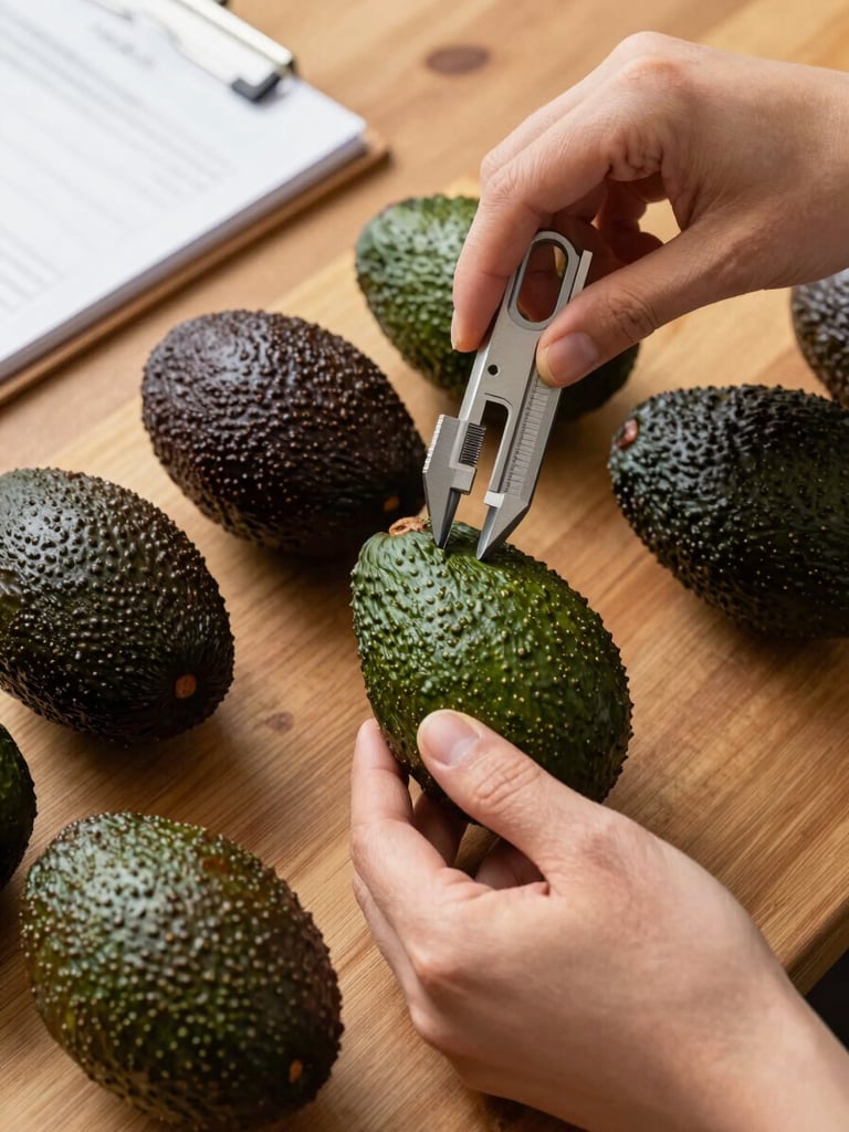 Close-up of hands using a calibration tool sorting ripe Hass avocados on a wooden harvest table in natural daylight, fruit showing correct ripeness cues, documentation clipboard visible at the edge of frame