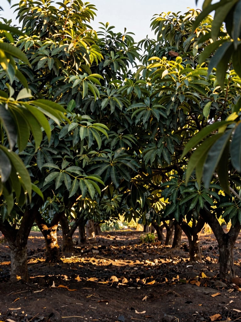 Lush green sapodilla fruit trees in a sunlit orchard with fertile dark soil and dense foliage.
