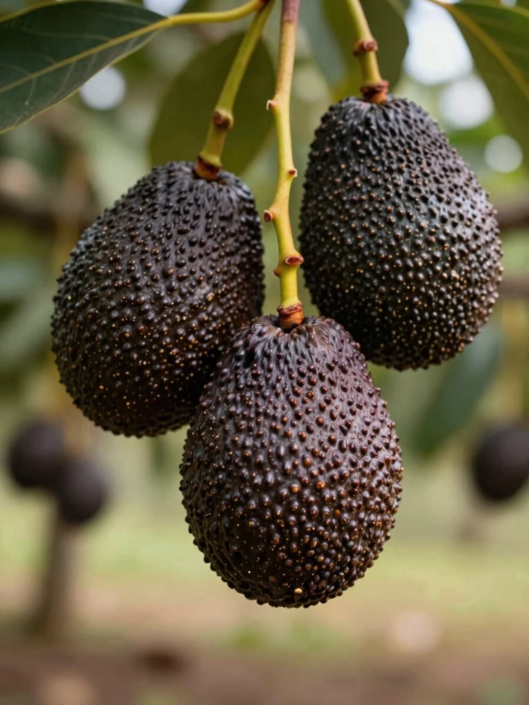 Close-up of ripe Hass avocados on a branch, dark pebbly skin showing mature ripeness cues, warm natural daylight filtering through orchard canopy, shallow depth of field with second cluster softly blurred behind