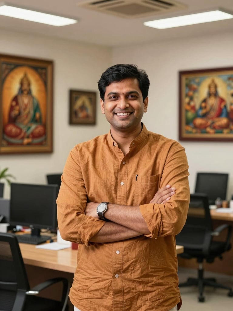 A professional portrait of founder Pradeep Sahu, an IIT Kanpur alumnus, smiling confidently, warm natural lighting, modern office setting with regional artifacts in the background.