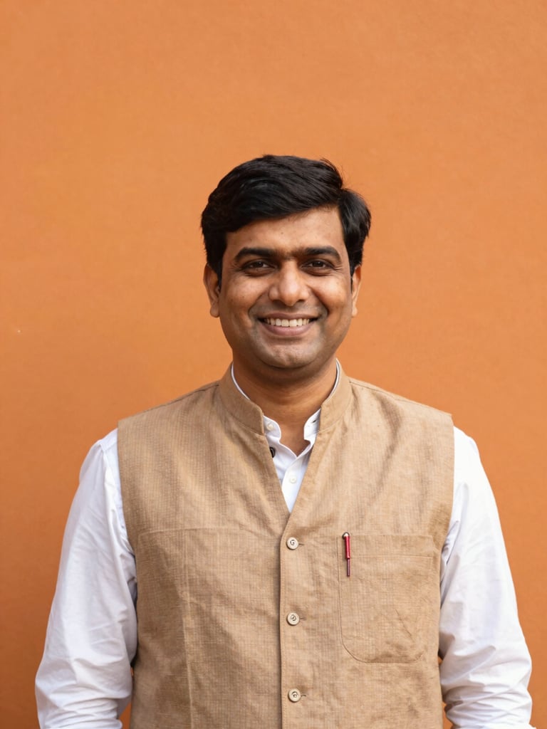 Professional portrait of founder Pradeep Sahu, IIT Kanpur alumnus, smiling warmly, clean background, warm natural daylight, editorial framing