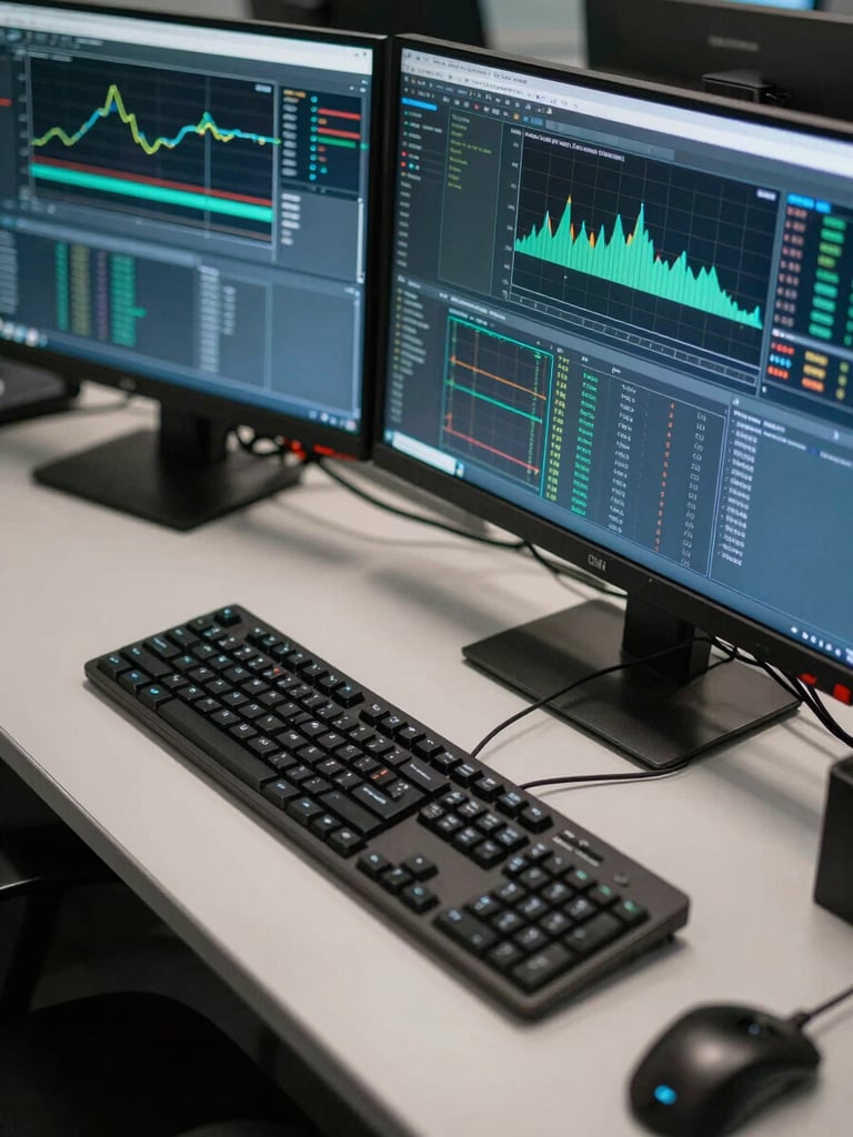 Close-up overhead view of a network operations centre desk — a keyboard and two monitors displaying infrastructure monitoring dashboards with live metrics graphs, cable management visible at the desk edge, cool fluorescent ambient light, no people, technical components in sharp focus
