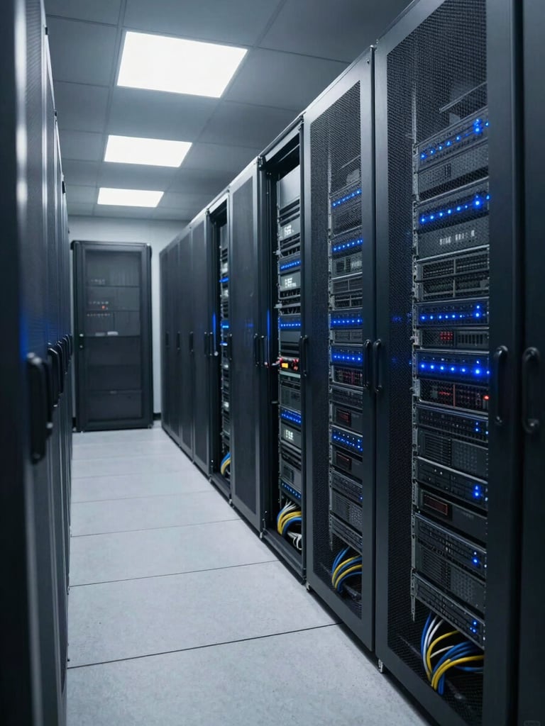 Wide environmental shot of a server room corridor, rows of rack-mounted equipment lit by overhead fluorescent light, cables visible in foreground, cool blue indicator LEDs on hardware panels, no people