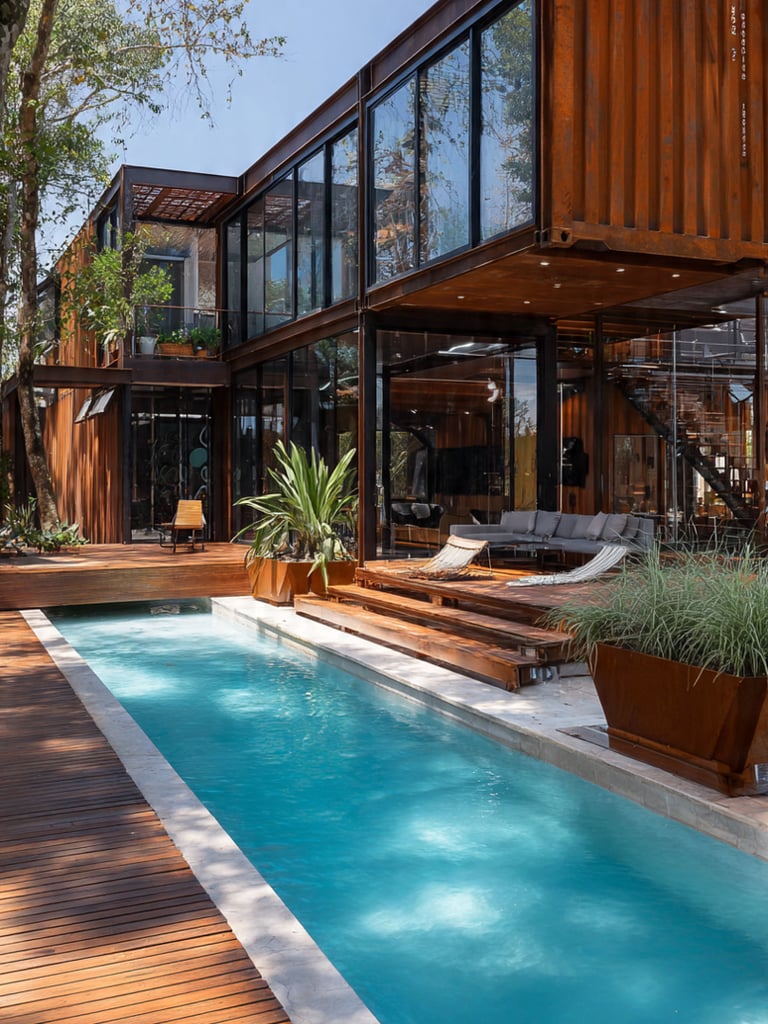 Casa em container com dois andares com paisagismo e piscina