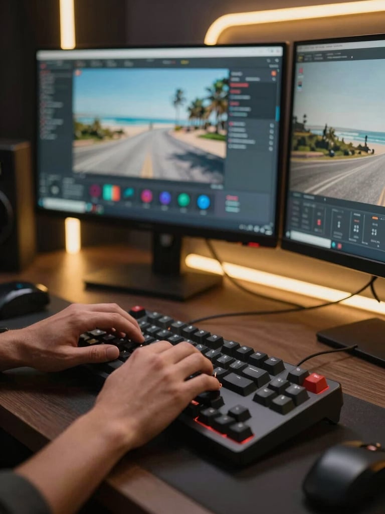 Tight cinematic close-up of a creator's hands on a mechanical keyboard and dual monitors in a darkened studio room, tungsten light raking across the setup from the left, gold LED strips framing the background, sharp focus on the live-stream interface on screen, Long Beach production environment visible in shallow background blur