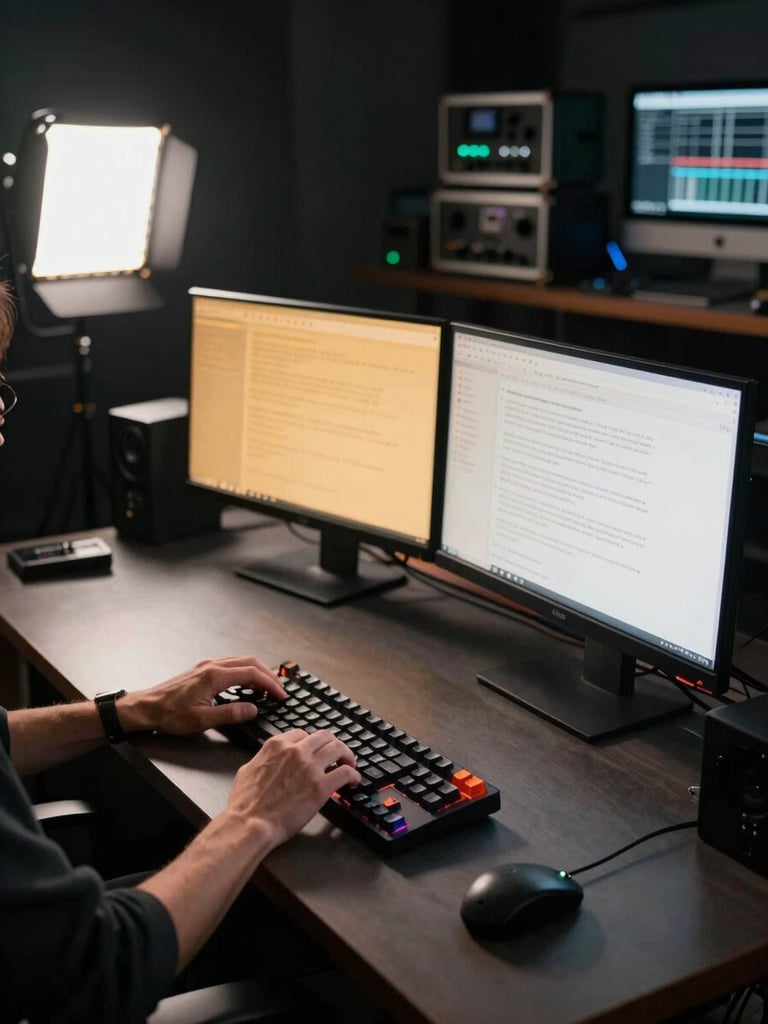 Wide-angle shot of a creator in a darkened production studio, hands on a mechanical keyboard, dual monitors glowing amber and white, broadcast equipment in the background, high-contrast tungsten lighting raking across the console from the left