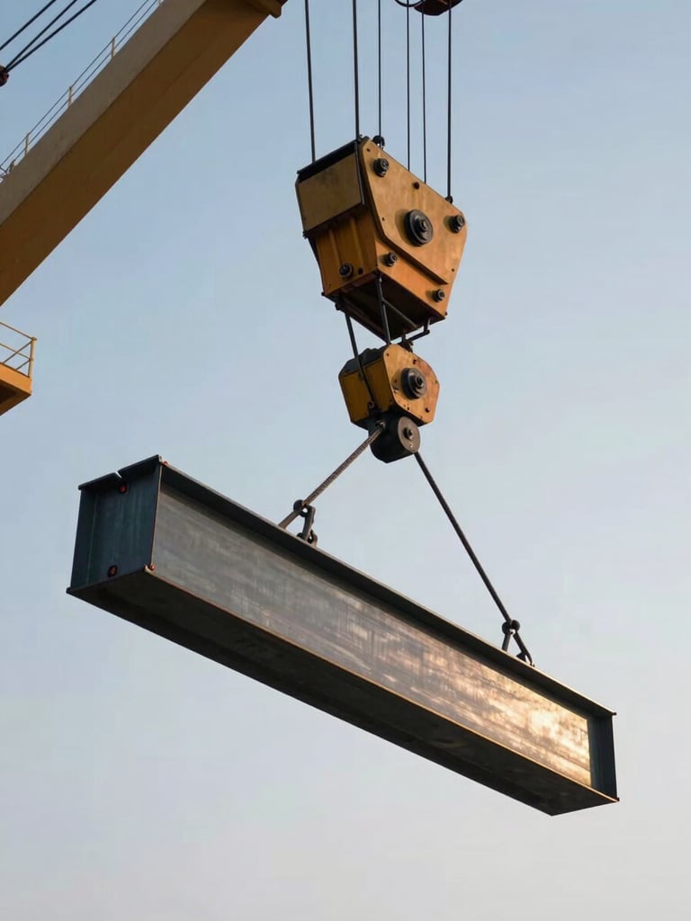 Extreme low-angle shot of a massive industrial crane lifting a steel beam against a cold morning sky, crisp daylight reflecting off steel, focus on heavy-duty rigging gear.