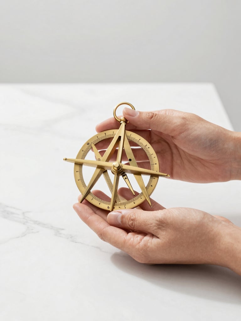 Hands holding a clean geometric brass astrolabe over a white marble desk, bright natural high-key studio lighting, modern editorial style