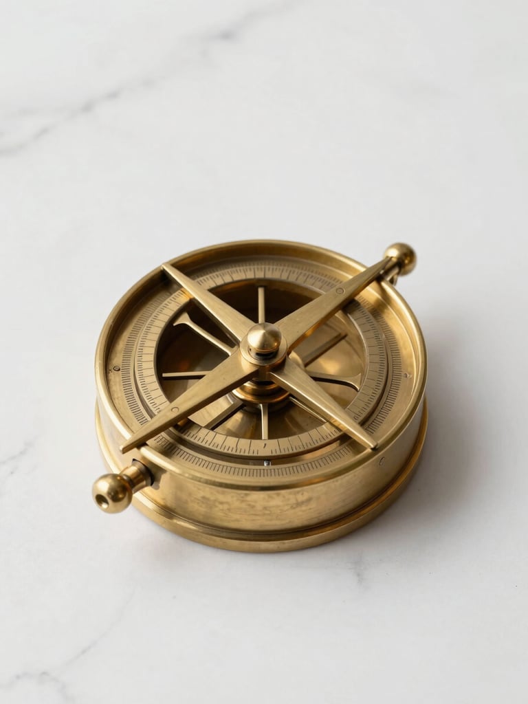Top-down view of an elegant brass astrolabe on a white marble desk, clean studio lighting, soft gold accents, sharp focus, modern editorial style