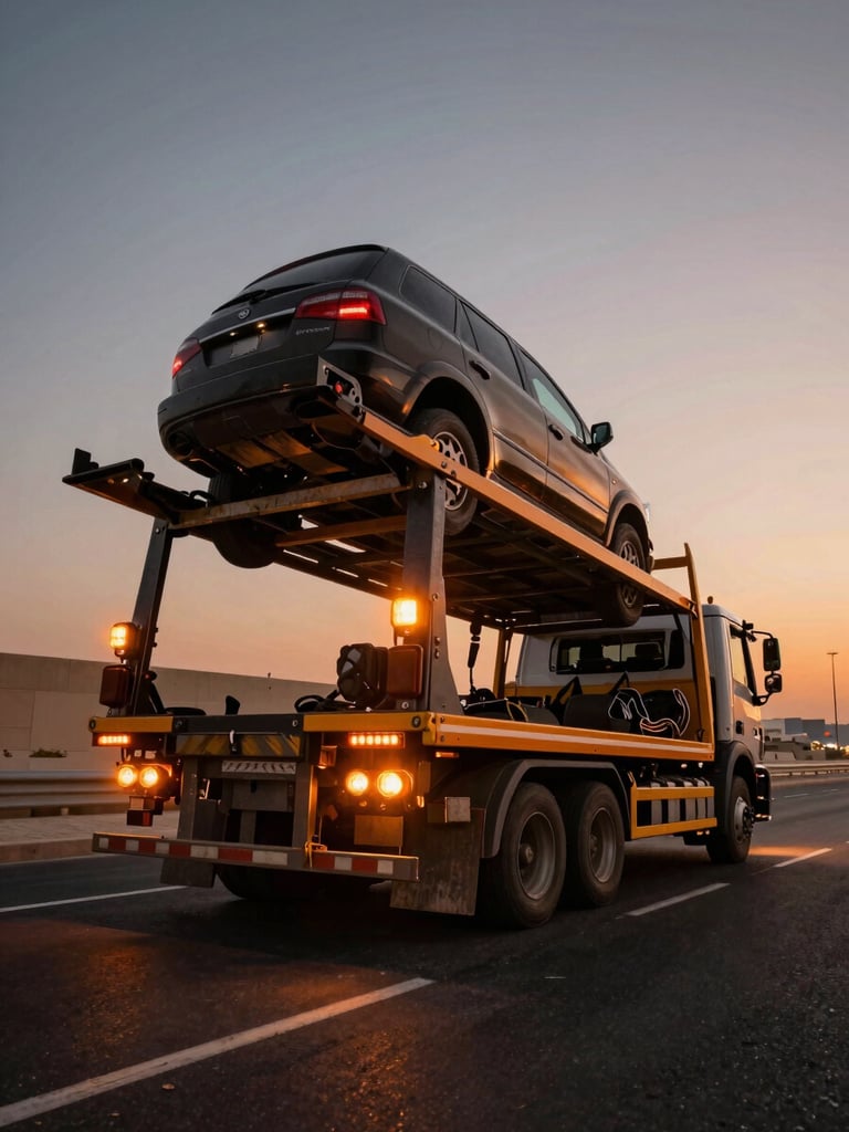 Dynamic low-angle shot of a flatbed recovery truck under glowing orange highway lights in Dubai, securing a vehicle, high-contrast amber and metallic tones, dramatic action photography.