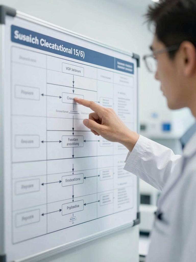 A close-up of a technical consultant in a clean laboratory environment pointing at a structured workflow diagram on a visual management board, bright natural light