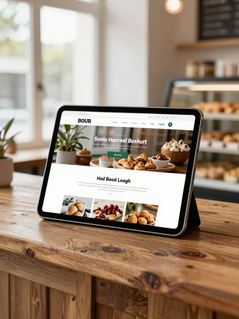 Straight-on eye-level shot of a modern tablet displaying a clean local business website, resting on a rustic wooden service counter inside a brightly lit local bakery, soft natural window light.