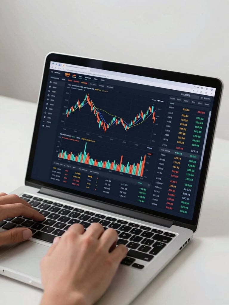 Laptop screen showing a financial market data dashboard with charts and numbers, placed on a clean white desk, hands visible on the keyboard, clean studio light from above, close environmental framing