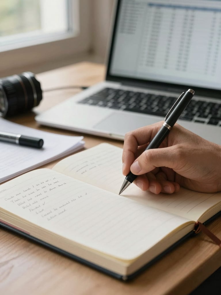 Close-up of hands writing notes in an open notebook on a desk, financial data visible on a laptop screen in the background, natural daylight from a side window, pen mid-stroke, papers and a highlighter nearby